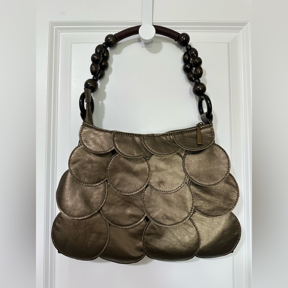 Vintage Elegant Circle Flap Wooden Beaded Handle Shoulder Handbag - Picture 4 of 13